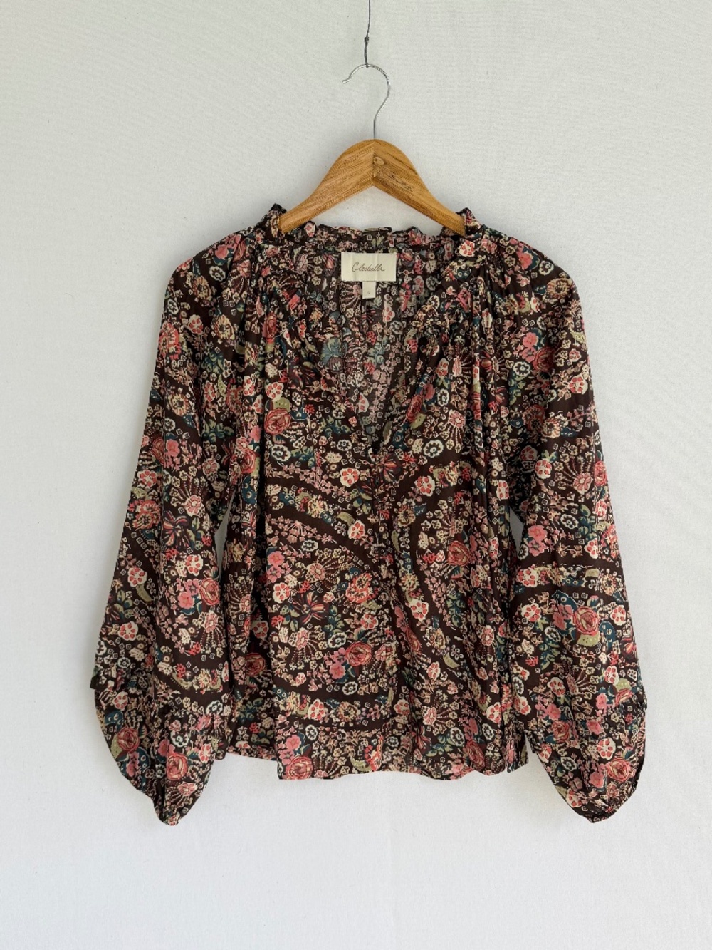 CLEOBELLA Women’s Small Davina Print Alicia Blouse Ruffled V-neck Balloon Sleeve